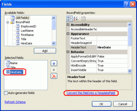 Converter o HiredDate BoundField em um TemplateField