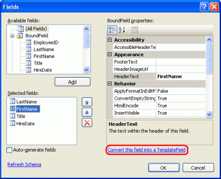Converter um BoundField num TemplateField a partir da caixa de diálogo de Campos
