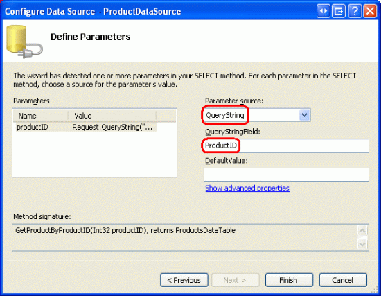 Configure o parâmetro productID para extrair seu valor do campo ProductID Querystring