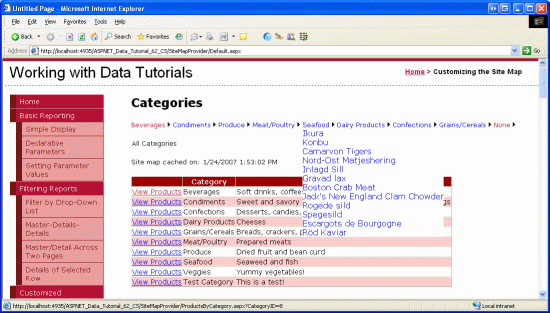 O controle de menu lista cada uma das categorias e produtos