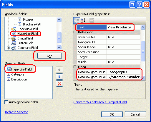 Adicionar um HyperLinkField ao GridView de categorias