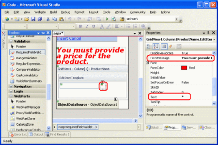 Configurar as propriedades ControlToValidate, ErrorMessage e Text do RequiredFieldValidator
