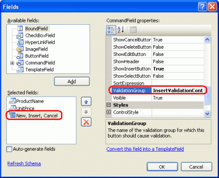 Defina a propriedade ValidationGroup de DetailsView CommandField como InsertValidationControls