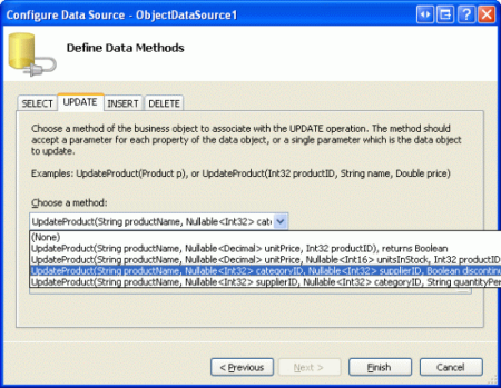 Configure o ObjectDataSource para usar o método sobrecarregado UpdateProduct que foi recém-criado