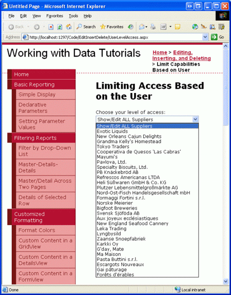 O Suppliers DropDownList contém um show ALL ListItem, além de um para cada fornecedor