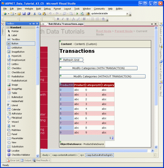 A página contém um GridView e três controles Web Button