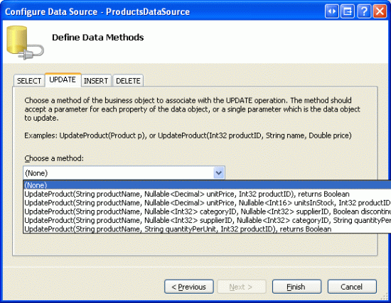 Defina as listas de Drop-Down nas guias UPDATE, INSERT e DELETE como (Nenhum)