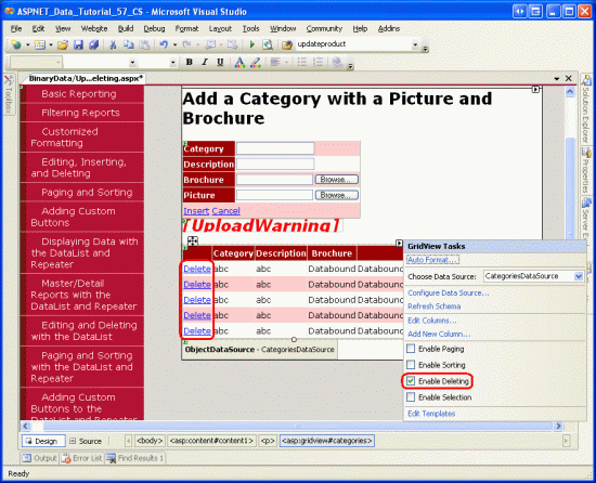 Habilitar suporte para exclusão no GridView