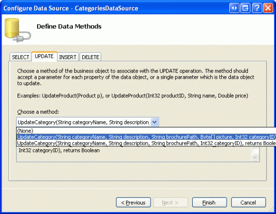 Configure o ObjectDataSource para usar o método UpdateCategory que inclui um parâmetro para Picture
