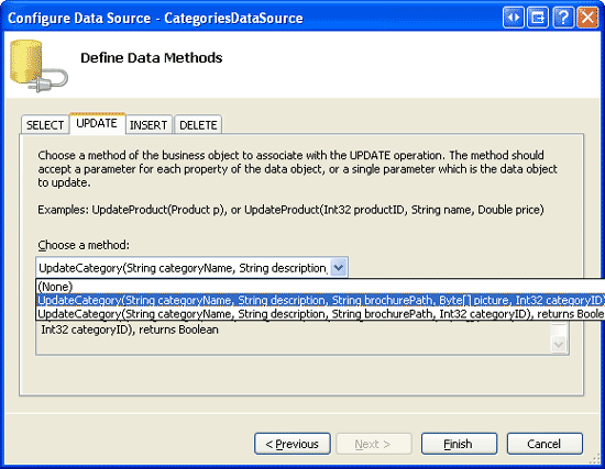 Configure o ObjectDataSource para usar o método UpdateCategory que inclui um parâmetro para Picture