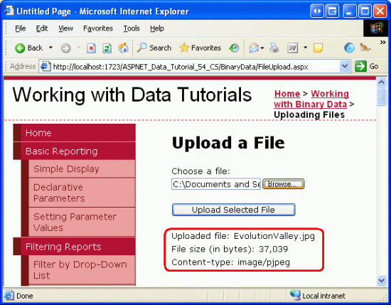 O arquivo EvolutionValley.jpg foi carregado para o servidor Web