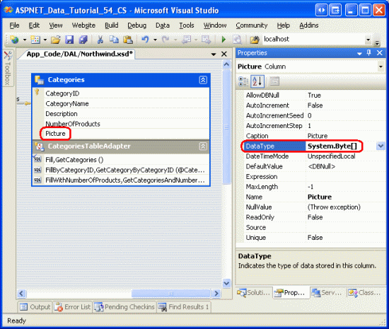 Crie uma DataColumn chamada Picture cujo DataType é System.Byte[]