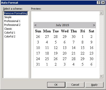 Caixa de diálogo Formatar Automática (Controlo Calendário)