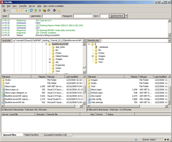 Captura de ecrã do cliente FTP FileZilla, que mostra que alguns ficheiros de código-fonte ASP dot Net não foram copiados para o servidor remoto.