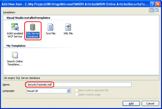 adicionar um novo banco de dados SQL chamado banco de dados SecurityTutorials.mdf à pasta App_Data