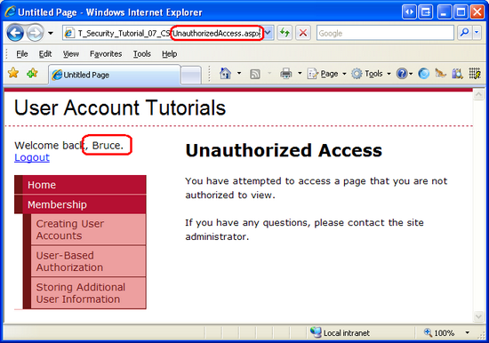 Utilizadores Autenticados e Não Autorizados são redirecionados para UnauthorizedAccess.aspx
