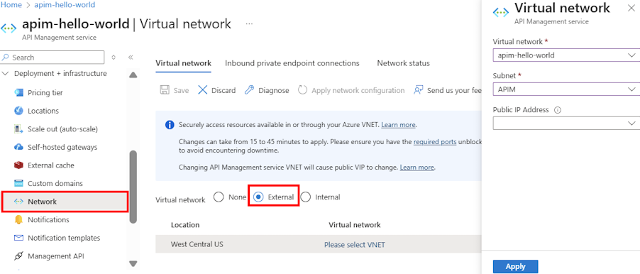 Captura de ecrã que mostra a configuração da rede virtual no portal.
