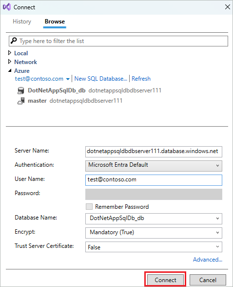 Captura de tela que mostra a configuração da conexão de banco de dados do Visual Studio.