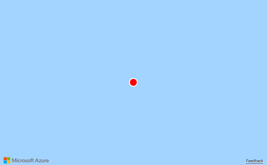 Uma captura de tela de um mapa com coordenadas de 0, 0 que mostra um ponto vermelho sobre a água azul; O ponto vermelho foi adicionado usando a camada de símbolos.