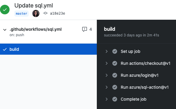 Log de ações do GitHub executadas