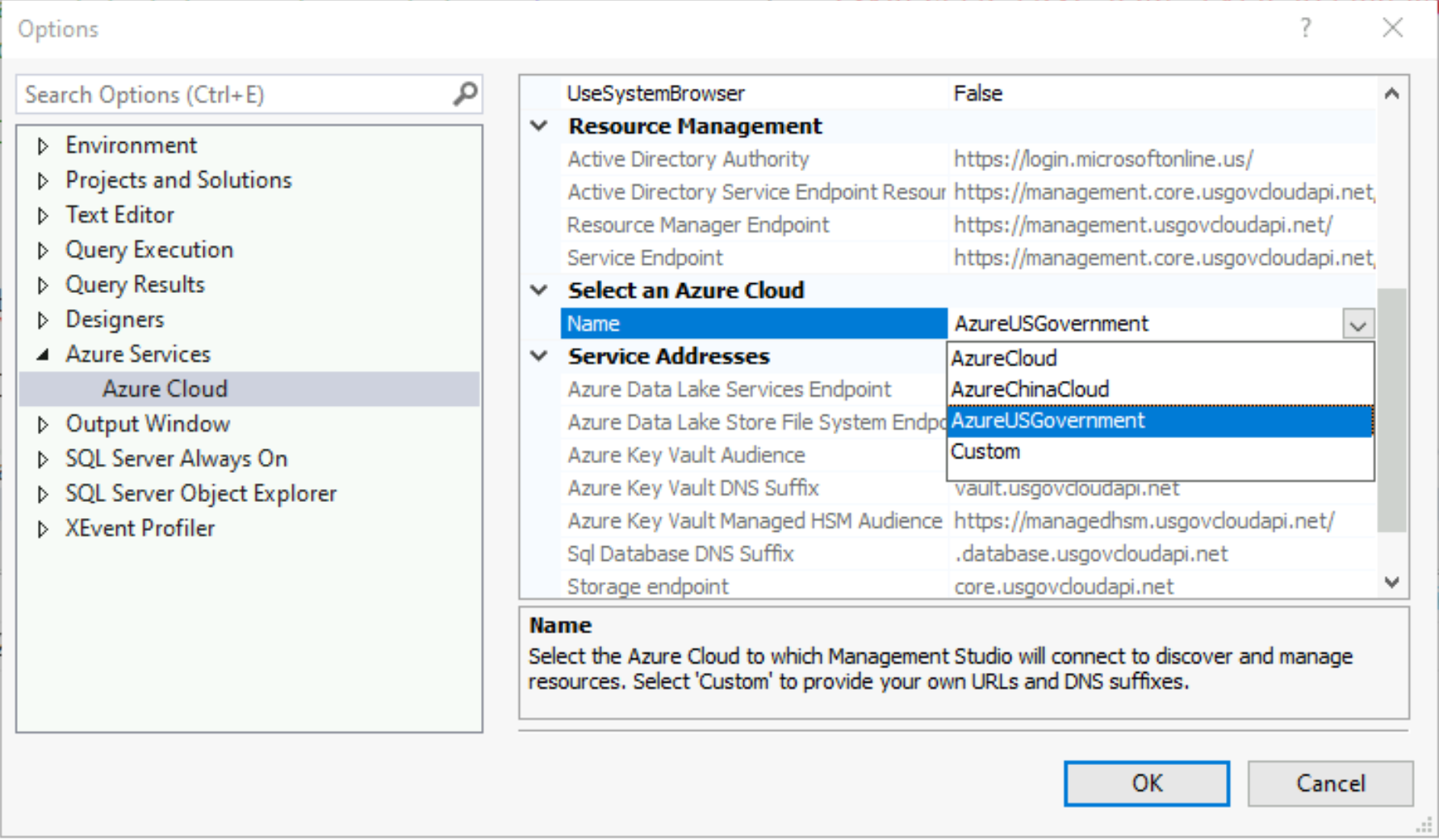Captura de ecrã da interface SSMS, página de opções, Azure serviços, com Azure cloud destacado. 