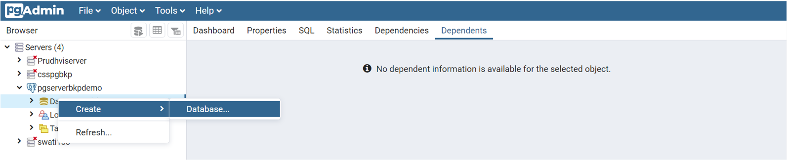 Captura de tela que mostra seleções de menu para adicionar novos bancos de dados e usuários de banco de dados a um servidor.