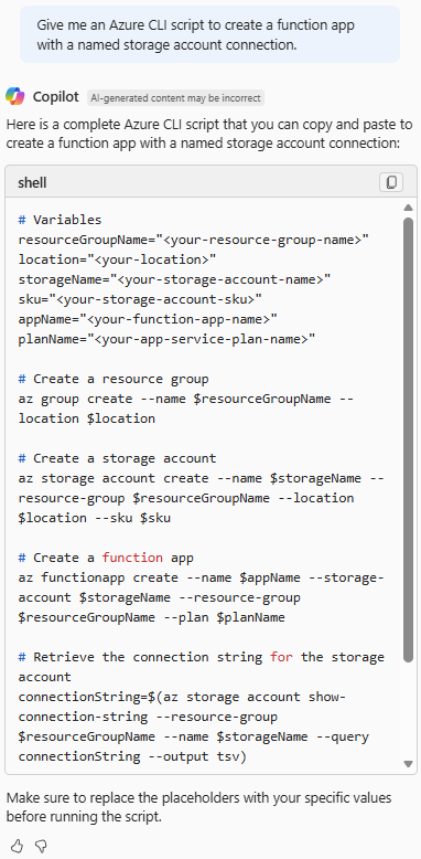 Captura de ecrã do Azure Copilot a fornecer um script CLI do Azure para criar uma aplicação de funções com uma conta de armazenamento ligada.