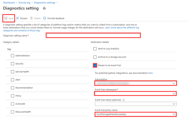 Janela de configurações de diagnóstico com campos a preencher - Portal do Azure Data Explorer.