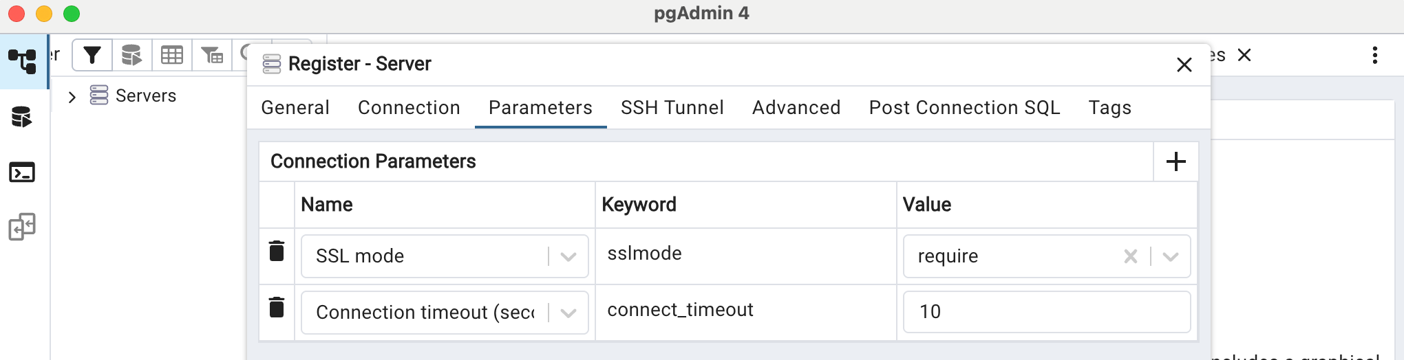 pgadmin parâmetros tab ssl