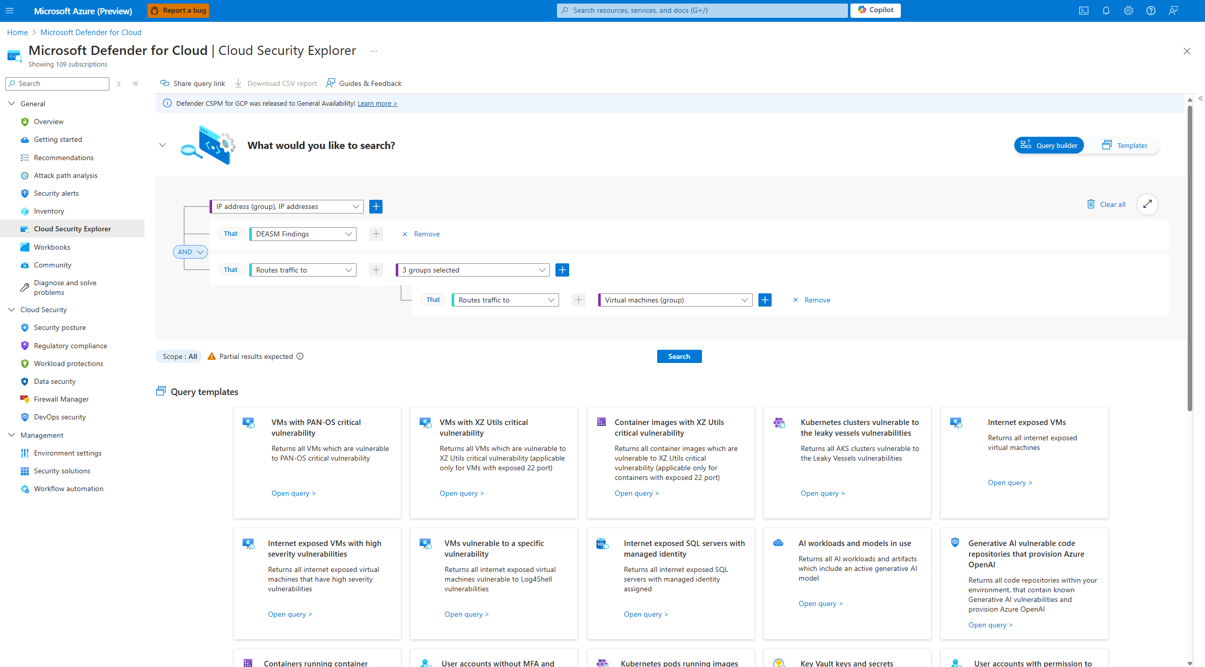 Captura de ecrã da página do explorador de segurança na nuvem no portal do Defender for Cloud.