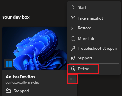 Captura de ecrã do portal do desenvolvedor mostrando o menu de ações para um ambiente de desenvolvimento e Eliminar selecionado.