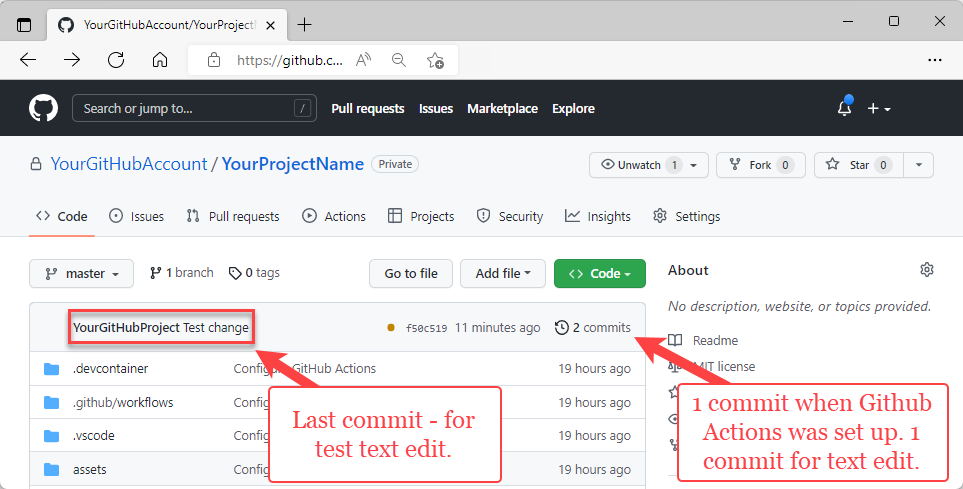  Captura de ecrã da sua alteração confirmada no GitHub.