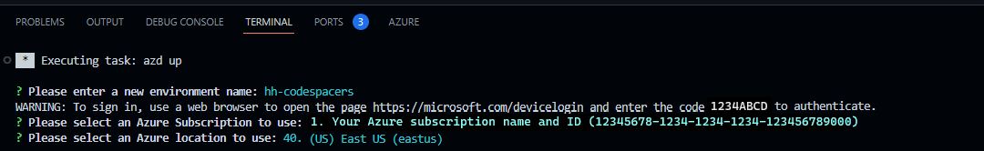 Captura de ecrã mostrando os pedidos de parâmetros e o pedido para iniciar sessão usando o seu navegador.