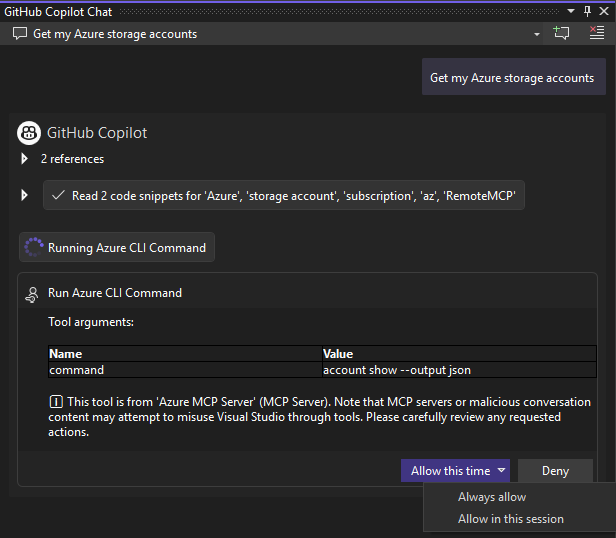 Uma captura de tela mostrando como executar as ferramentas do Azure MCP Server no Visual Studio.