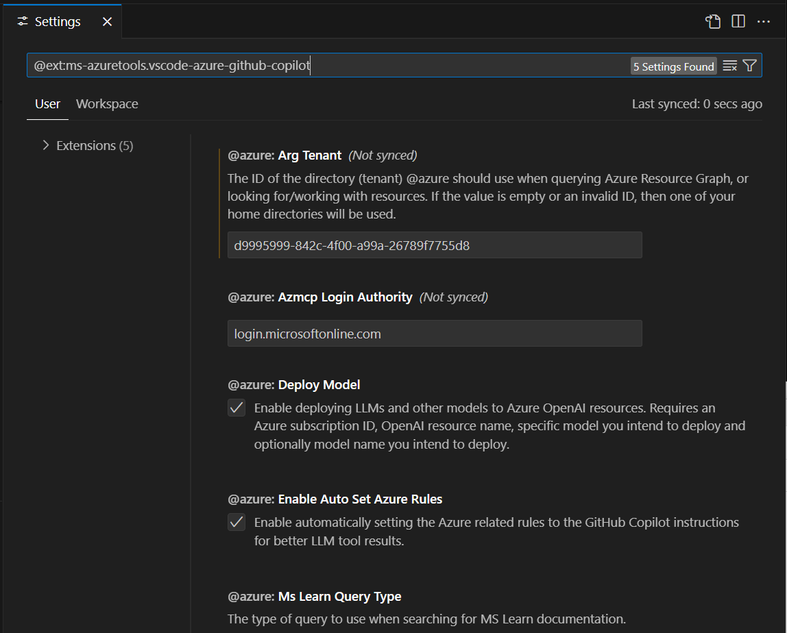Captura de ecrã que mostra o separador Definições com uma opção para definir o tenant do Azure Resource Graph.