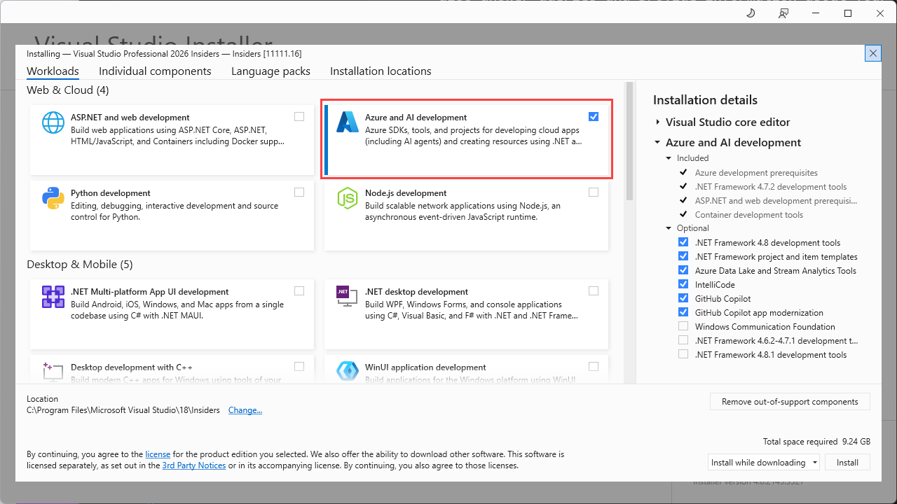 Captura de ecrã que mostra as cargas de trabalho disponíveis do Instalador Visual Studio com a opção de desenvolvimento de IA Azure selecionada e destacada.