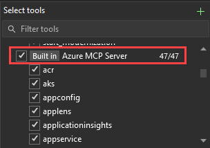 Captura de ecrã que mostra a caixa de diálogo de seleção de ferramentas com o nó Azure MCP Server ativado.