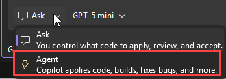 Captura de ecrã que mostra o menu de modos na área de chat em Visual Studio 2026.