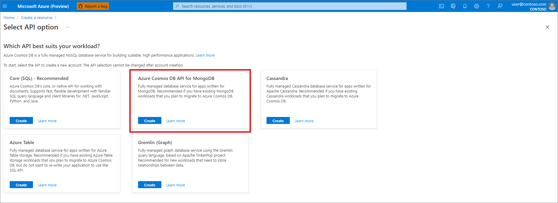 Portal do Azure, criar um recurso, selecionar a opção API, selecionar Azure Cosmos DB para MongoDB.