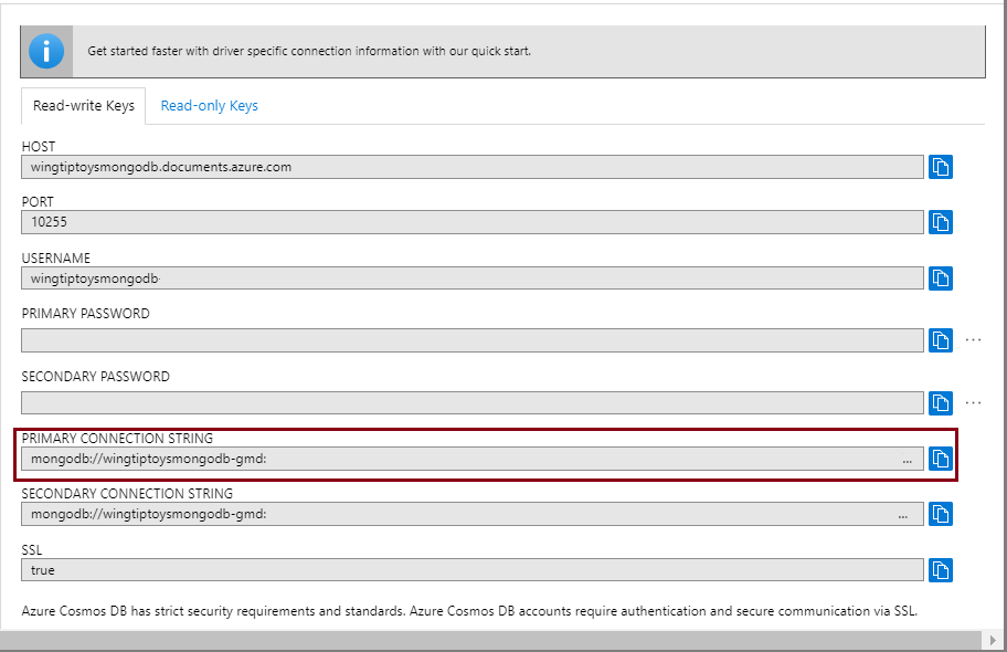 Recupere a sua cadeia de conexão do Azure Cosmos DB.