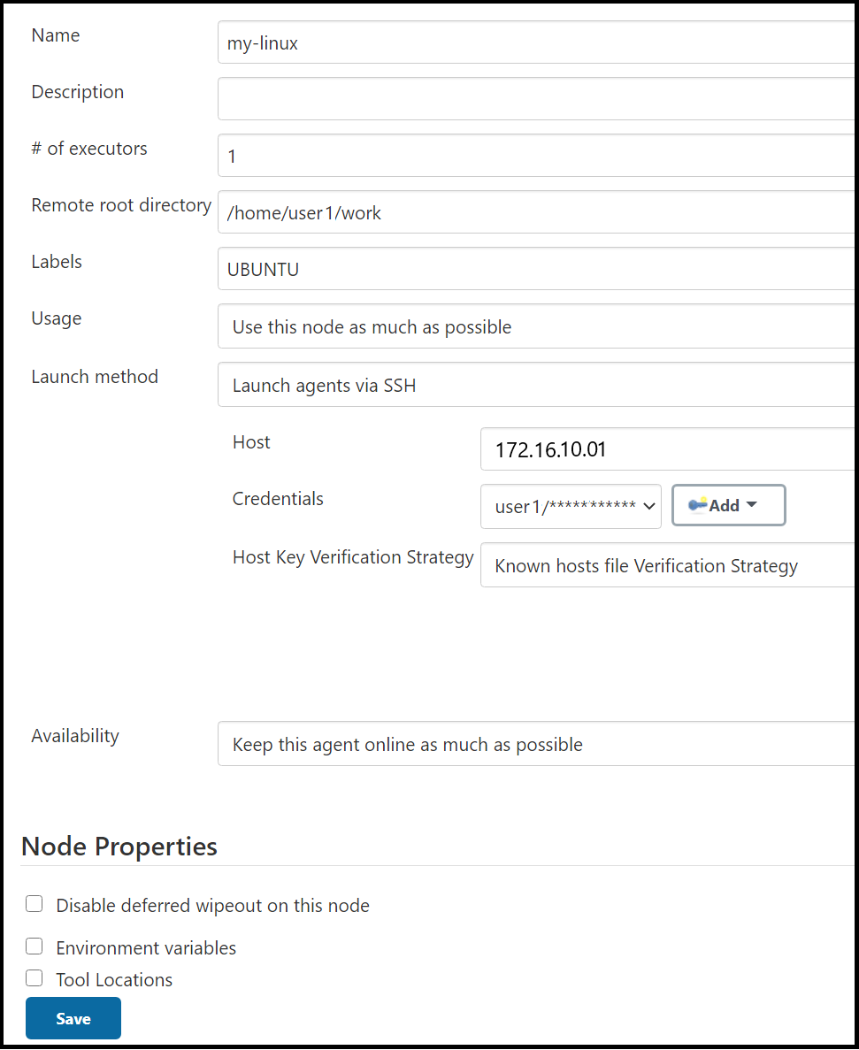 Exemplo de configuração de nó especificando um método de lançamento de agentes via SSH.