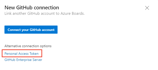 Captura de ecrã do diálogo de ligação do New GitHub, escolhendo Token de Acesso Pessoal.
