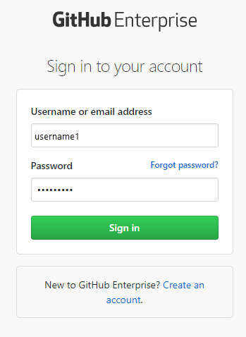 Captura de ecrã do login do servidor GitHub Enterprise.