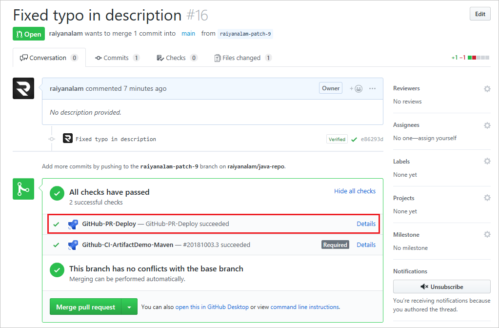 Uma captura de tela exibindo as verificações de status da solicitação pull.