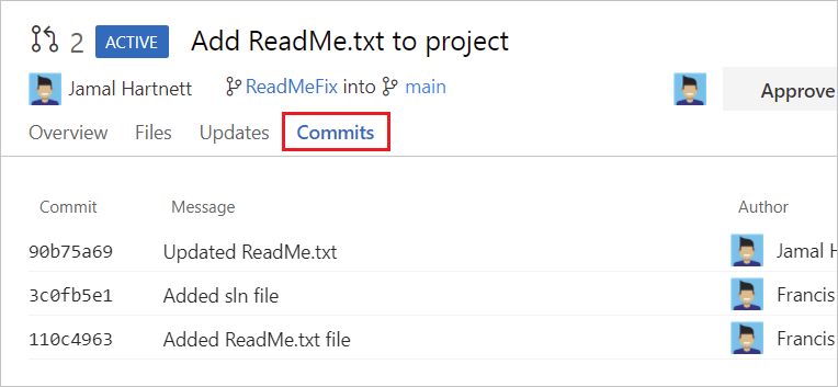 Captura de ecrã mostrando uma lista de commits no separador Commits de um Azure Repos PR.