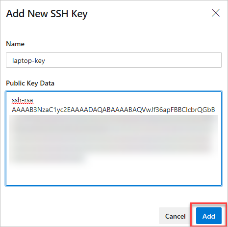 Captura de ecrã a mostrar a configuração de uma chave pública em Azure DevOps.