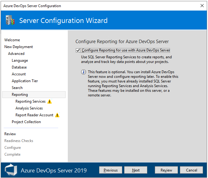 Captura de tela de Avançado, Relatórios, Azure DevOps Server 2019 e versões posteriores.