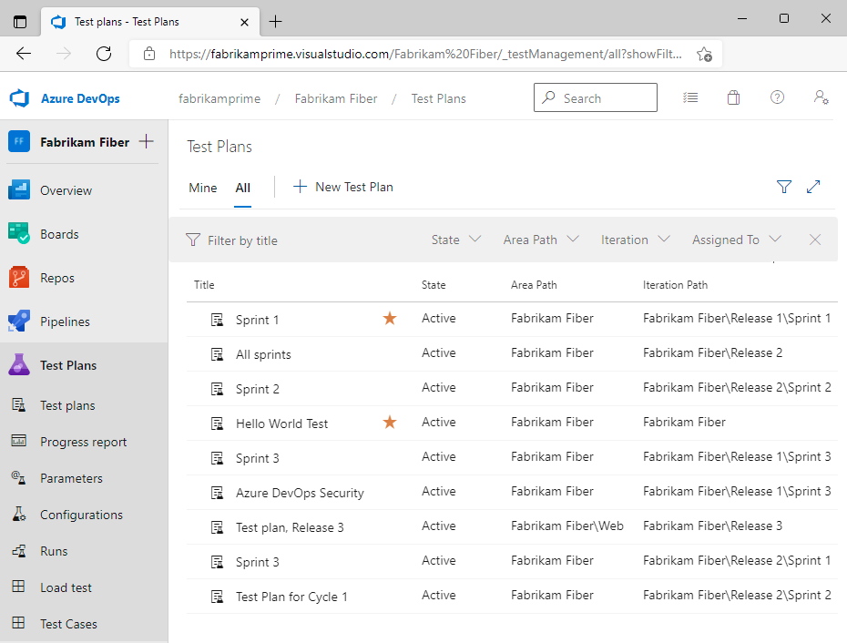 Captura de ecrã dos Planos de Teste do Azure, Planos de Teste, Todos