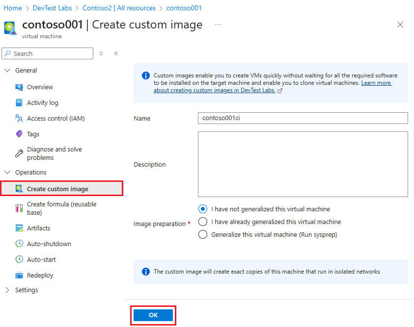 Captura de ecrã a mostrar a seleção Criar imagem personalizada na página Descrição Geral de um VM.