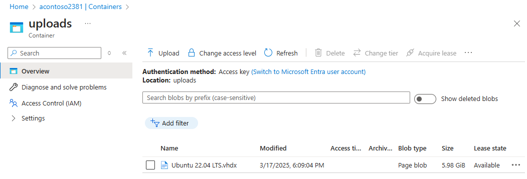 Captura de ecrã que mostra o ficheiro VHD carregado na conta de armazenamento do Azure.